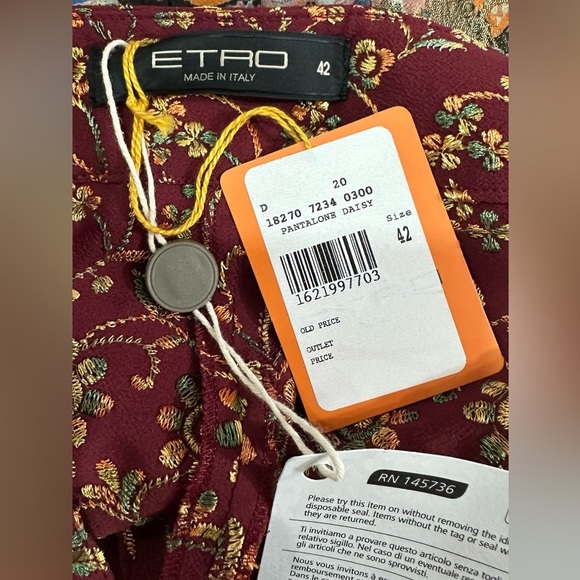 NWT ETRO Embroidered Floral Wide Leg Maroon Pants IT42 (US 6) & IT38 (US 2) - Picture 3 of 13